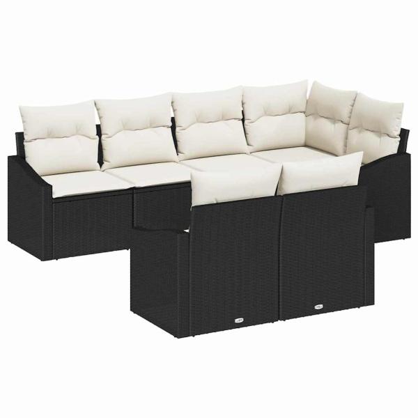 7-teiliges Garten Esstisch Set mit Kissen Schwarz Poly Rattan