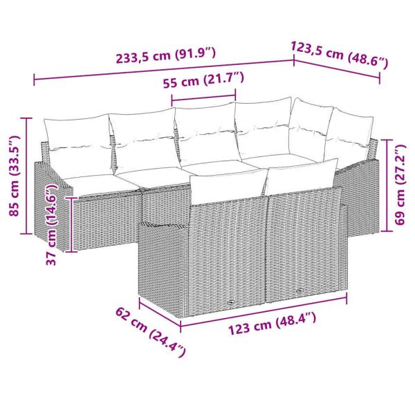 7-teiliges Garten Esstisch Set mit Kissen Schwarz Poly Rattan