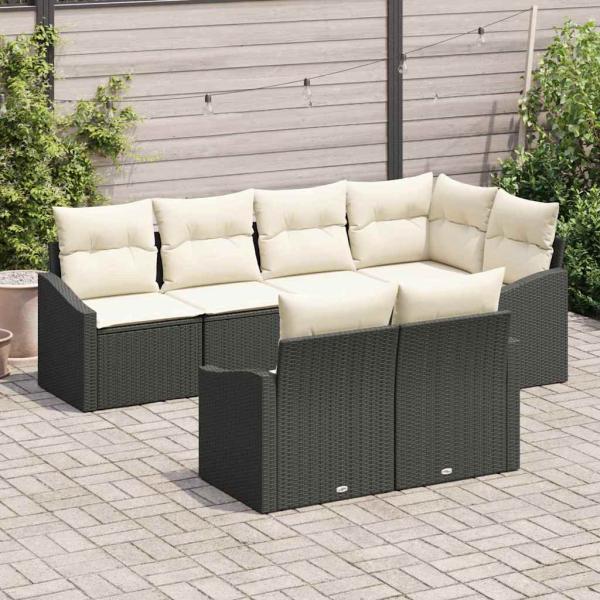7-teiliges Garten Esstisch Set mit Kissen Schwarz Poly Rattan