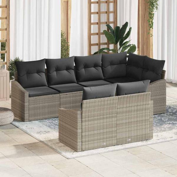 ARDEBO.de - 7-teiliges Garten Dining Set mit Kissen Hellgrau Poly-Rattan