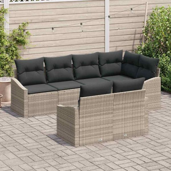 7-teiliges Garten Dining Set mit Kissen Hellgrau Poly-Rattan
