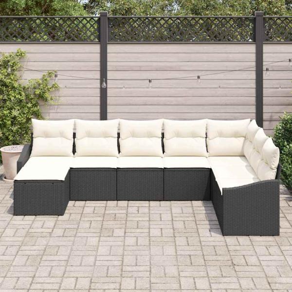 8 teiliges Garten Esstisch Set mit Kissen Schwarzes Poly Rattan