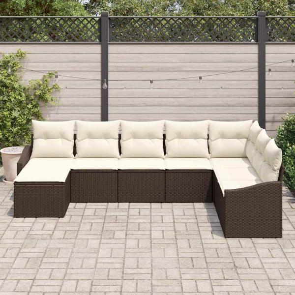 8-teiliges Garten Essset mit Kissen Braun Poly-Rattan