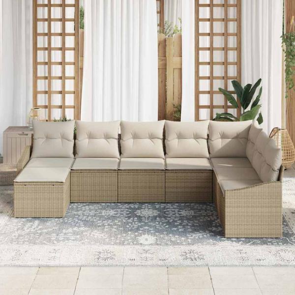 8-teiliges Garten-Essset mit Kissen Beige Poly-Rattan