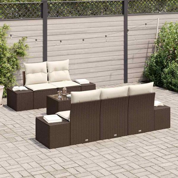 6-teiliges Garten-Sofa-Set mit Kissen Braun Poly-Rattan