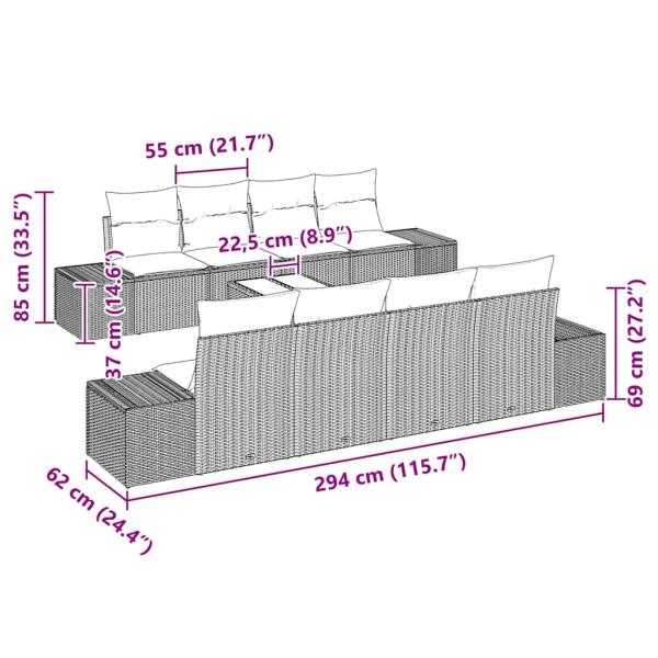 7-teiliges Garten Sofa Set mit Kissen Braun Poly Rattan