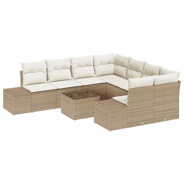 9-teiliges Garten Sofa Set mit Kissen Beige Poly Rattan