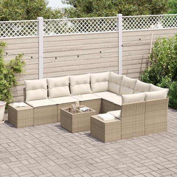 9-teiliges Garten Sofa Set mit Kissen Beige Poly Rattan