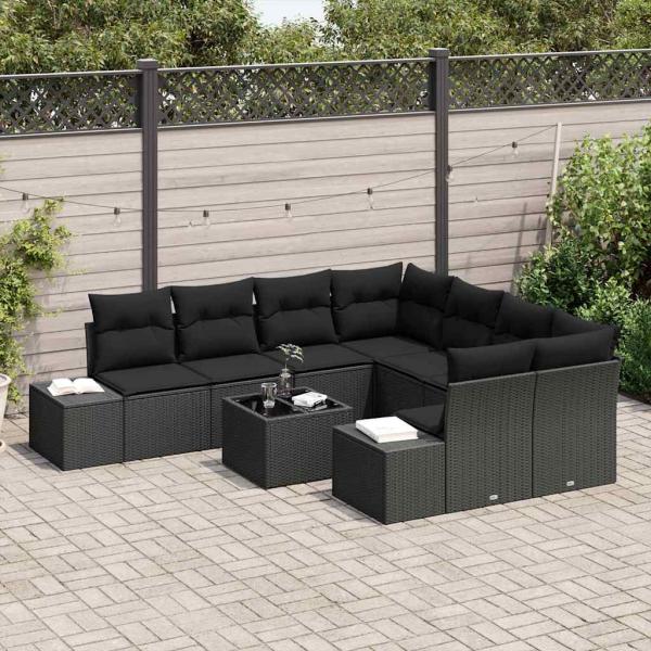ARDEBO.de - 9-teiliges Garten-Sofa-Set mit Kissen Schwarz Poly-Rattan