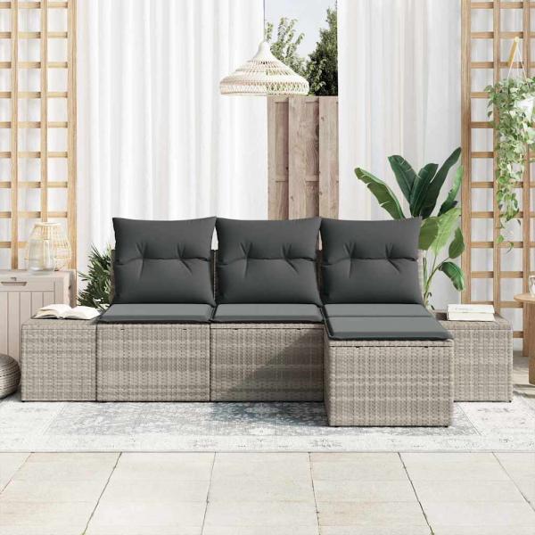 4-teiliges Garten-Sofa-Set mit Kissen Hellgrau Poly-Rattan