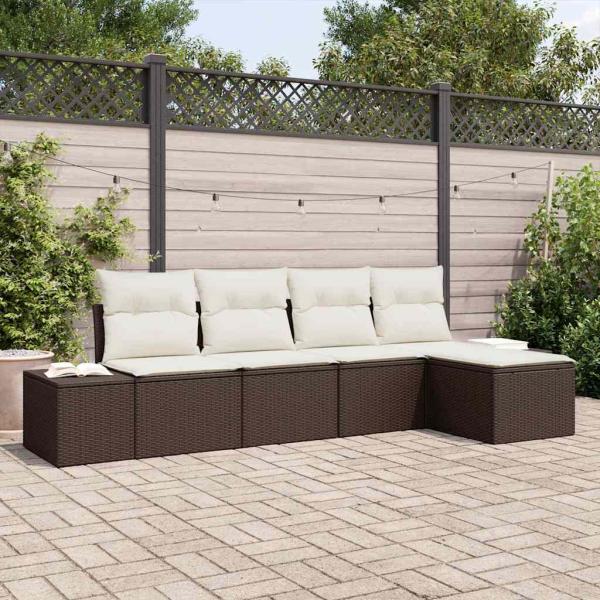 ARDEBO.de - 5-teiliges Garten-Sofa-Set mit Kissen aus braunem Poly-Rattan