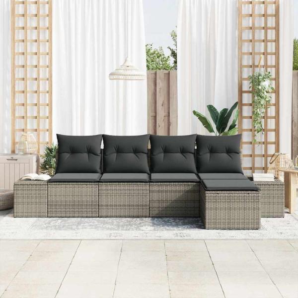 5-teiliges Garten-Sofa-Set mit Kissen Grau Poly Rattan