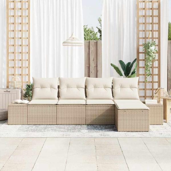 5-teiliges Garten-Sofa-Set mit Kissen Beige Poly-Rattan