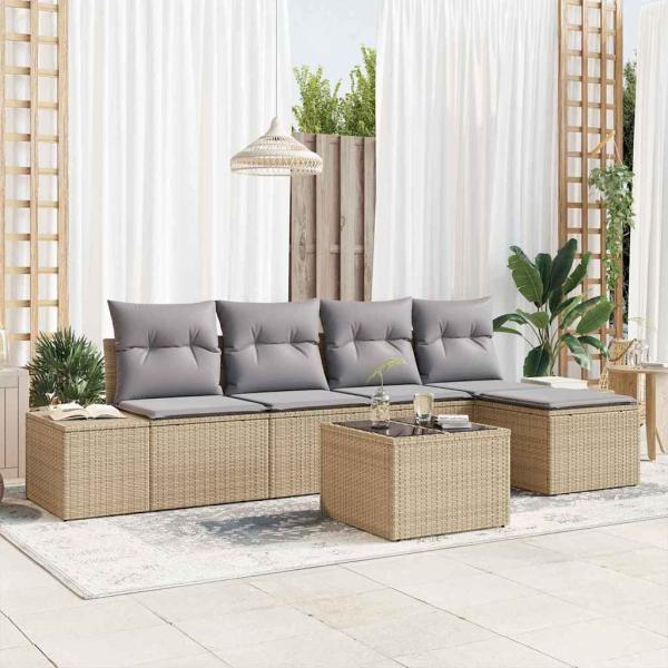 ARDEBO.de - 6-teiliges Garten-Sofa-Set mit Kissen Beige und hellgrau Poly-Rattan
