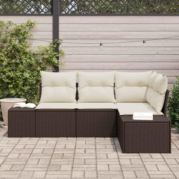 4-teiliges Garten Sofa Set mit Kissen Braunes Poly Rattan