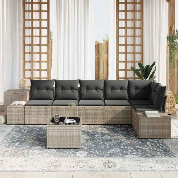 7-teiliges Garten-Sofa-Set mit Kissen in Grau aus Poly-Rattan