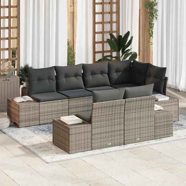 ARDEBO.de - 7-teiliges Garten Sofa Set mit Kissen Grau Poly Rattan