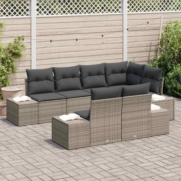7-teiliges Garten Sofa Set mit Kissen Grau Poly Rattan