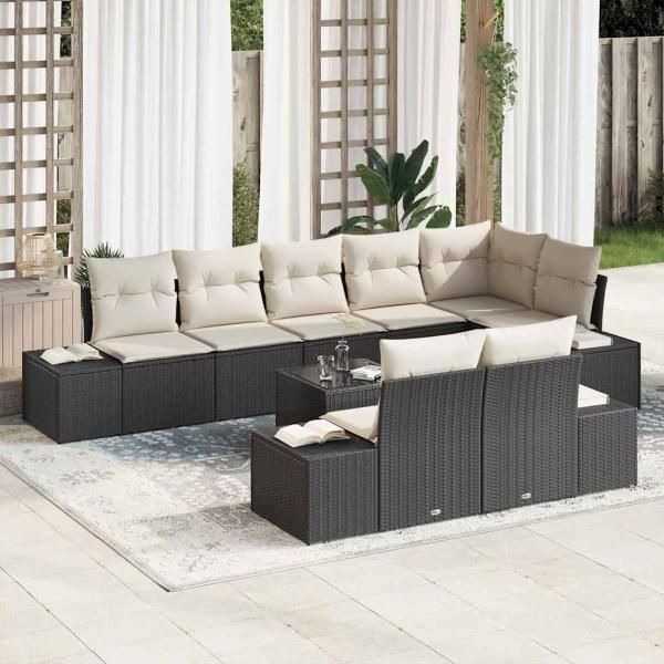 ARDEBO.de - Gartensofa-set 9 stk. Schwarz und Creme Poly Rattan