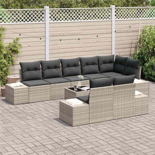9-teiliges Garten Sofa Set mit Kissen Graues Poly-Rattan
