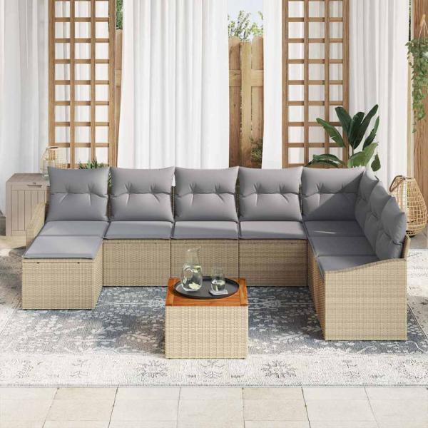 9-teiliges Garten Sofa Set mit Kissen Beige Poly Rattan Akazie