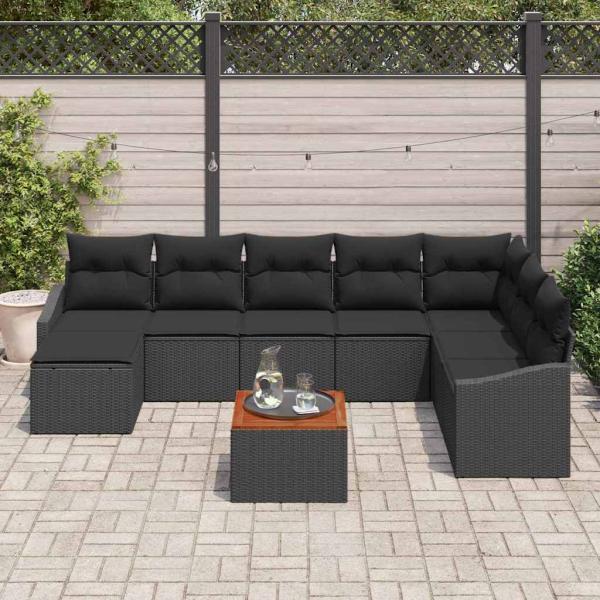 ARDEBO.de - 9-teiliges Garten-Sofa-Set mit Kissen Schwarz Poly-Rattan Akazie