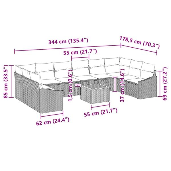 11-teiliges Garten Sofa Set mit Kissen Schwarz Poly Rattan Akazie