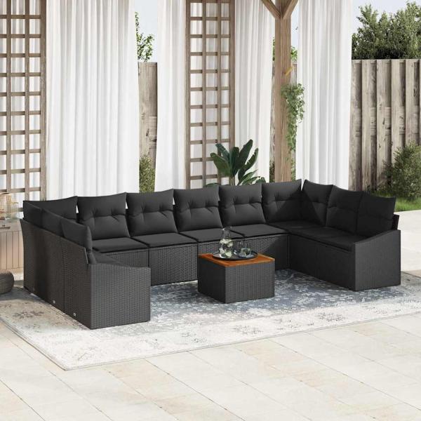 ARDEBO.de - 11-teilige Garten Sofa Set mit Kissen Schwarz Poly Rattan Akazie