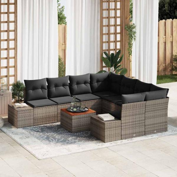 ARDEBO.de - 9-teiliges Garten Sofa Set mit Kissen Grau Poly Rattan Akazie