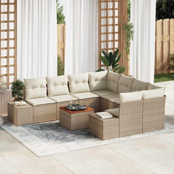 ARDEBO.de - 9-teiliges Garten-Sofa-Set mit Kissen Beige Poly-Rattan Akazie