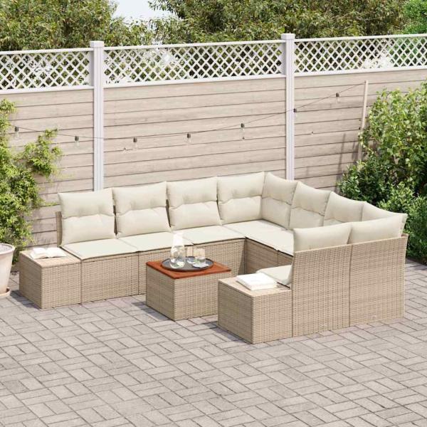 9-teiliges Garten-Sofa-Set mit Kissen Beige Poly-Rattan Akazie