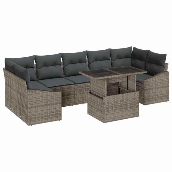 8-teiliges Garten-Sofa-Set mit Kissen Grau Poly-Rattan