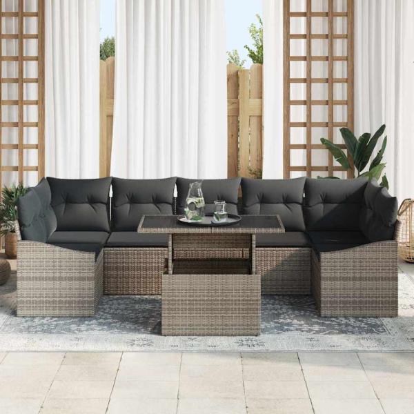 8-teiliges Garten-Sofa-Set mit Kissen Grau Poly-Rattan