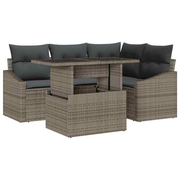 5-teiliges Garten-Sofa-Set mit Kissen Grau Poly-Rattan