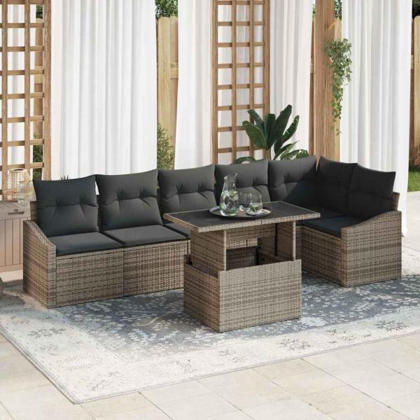 ARDEBO.de - 7-teiliges Garten Sofa Set mit Kissen Grau Poly Rattan