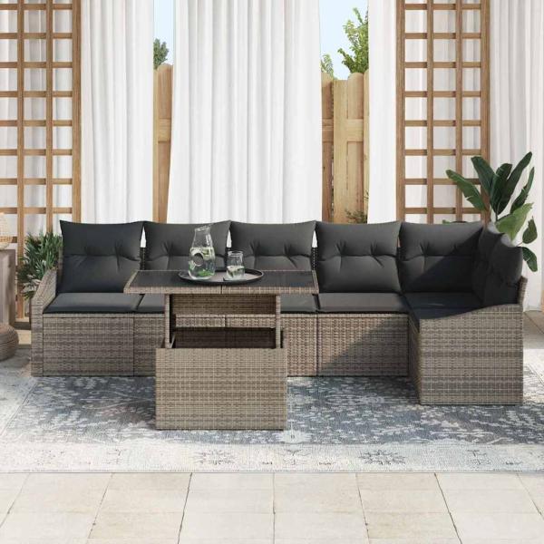 7-teiliges Garten Sofa Set mit Kissen Grau Poly Rattan