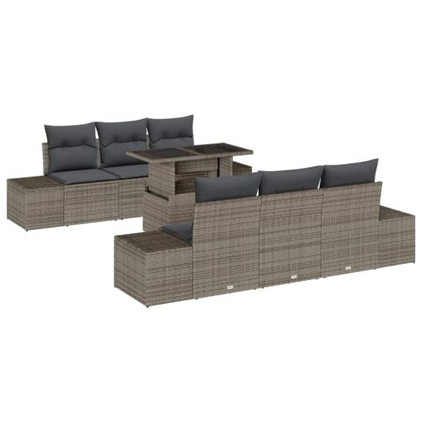 7-teiliges Garten Sofa Set mit Kissen Grau Poly Rattan