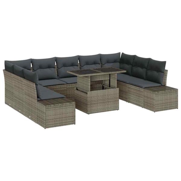 10-teiliges Garten-Sofa-Set mit Kissen Grau Poly Rattan
