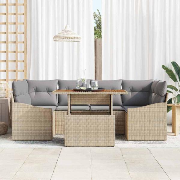 7-teiliges Garten-Sofa-Set mit Kissen Beige Poly Rattan