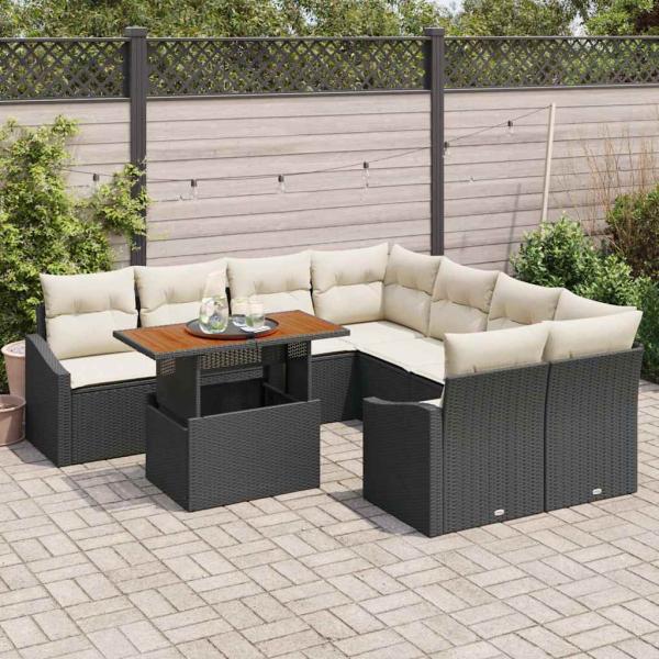 9-teiliges Garten-Sofa-Set mit Kissen Schwarz Poly Rattan