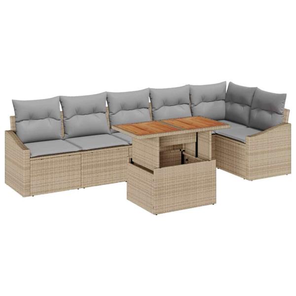 7-teiliges Garten Sofa Set mit Kissen Beige Poly Rattan