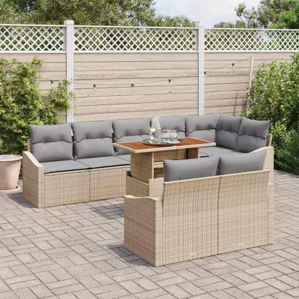 9-teiliges Garten Sofa Set mit Kissen Beige Poly Rattan