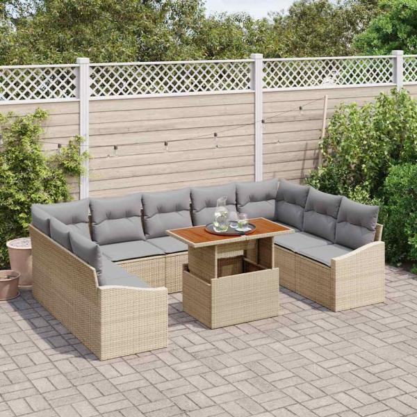 10-teiliges Gartensofa-Set mit Kissen Beige Poly Rattan