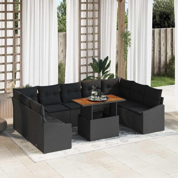 ARDEBO.de - 10-teiliges Garten Sofa Set mit Kissen Schwarz Poly Rattan