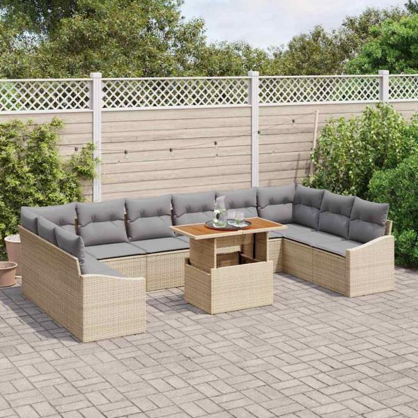 11-teiliges Garten-Sofa-Set mit Kissen Beige Poly Rattan