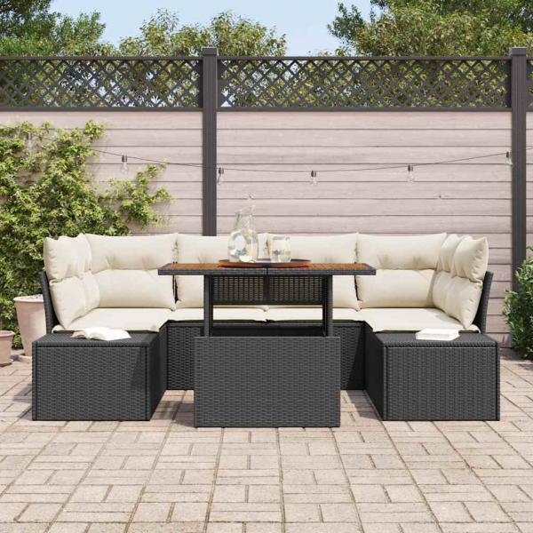 7-teiliges Garten-Sofaset mit Kissen Schwarz Poly Rattan