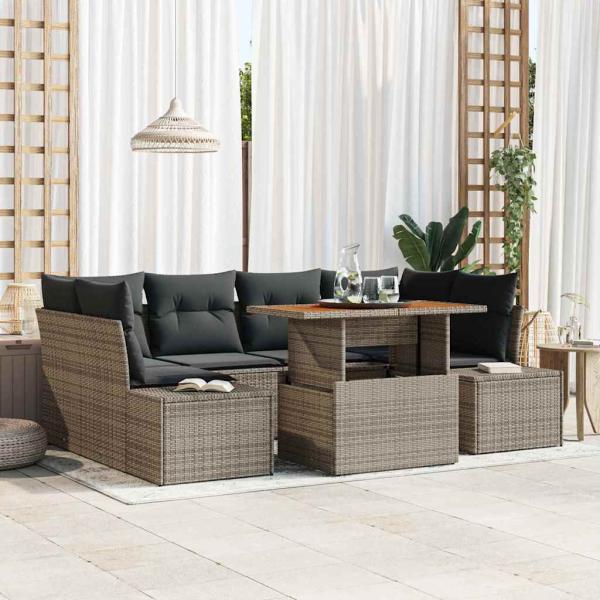ARDEBO.de - 7-teiliges Garten Sofa Set mit Kissen Grau Poly Rattan