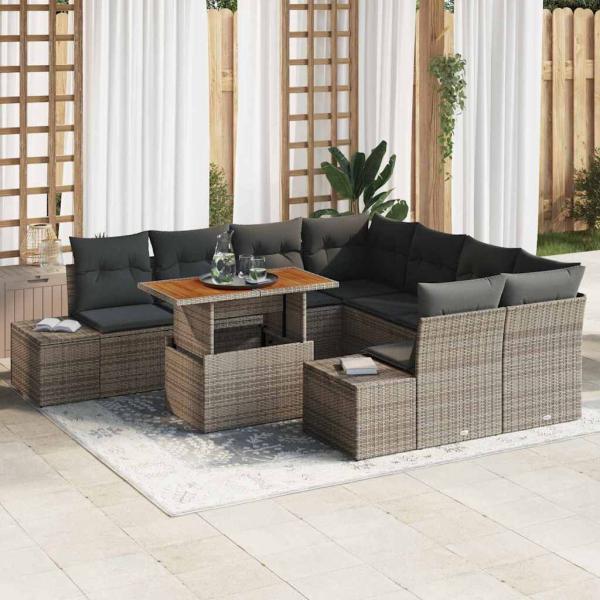 ARDEBO.de - 9-teiliges Garten-Sofa-Set mit Kissen Grau Poly-Rattan
