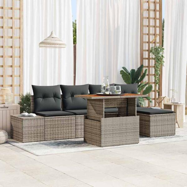ARDEBO.de - 6-teiliges Garten Sofa Set mit Kissen Grau Poly Rattan