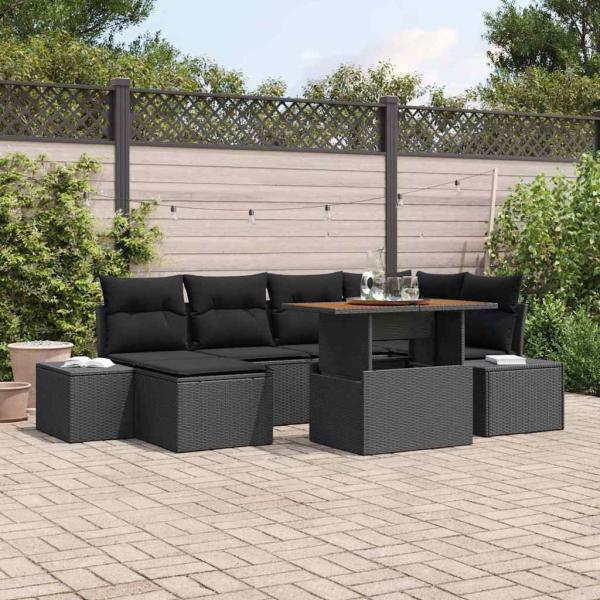 ARDEBO.de - 7-teiliges Garten-Sofa-Set mit Kissen Schwarz Poly Rattan